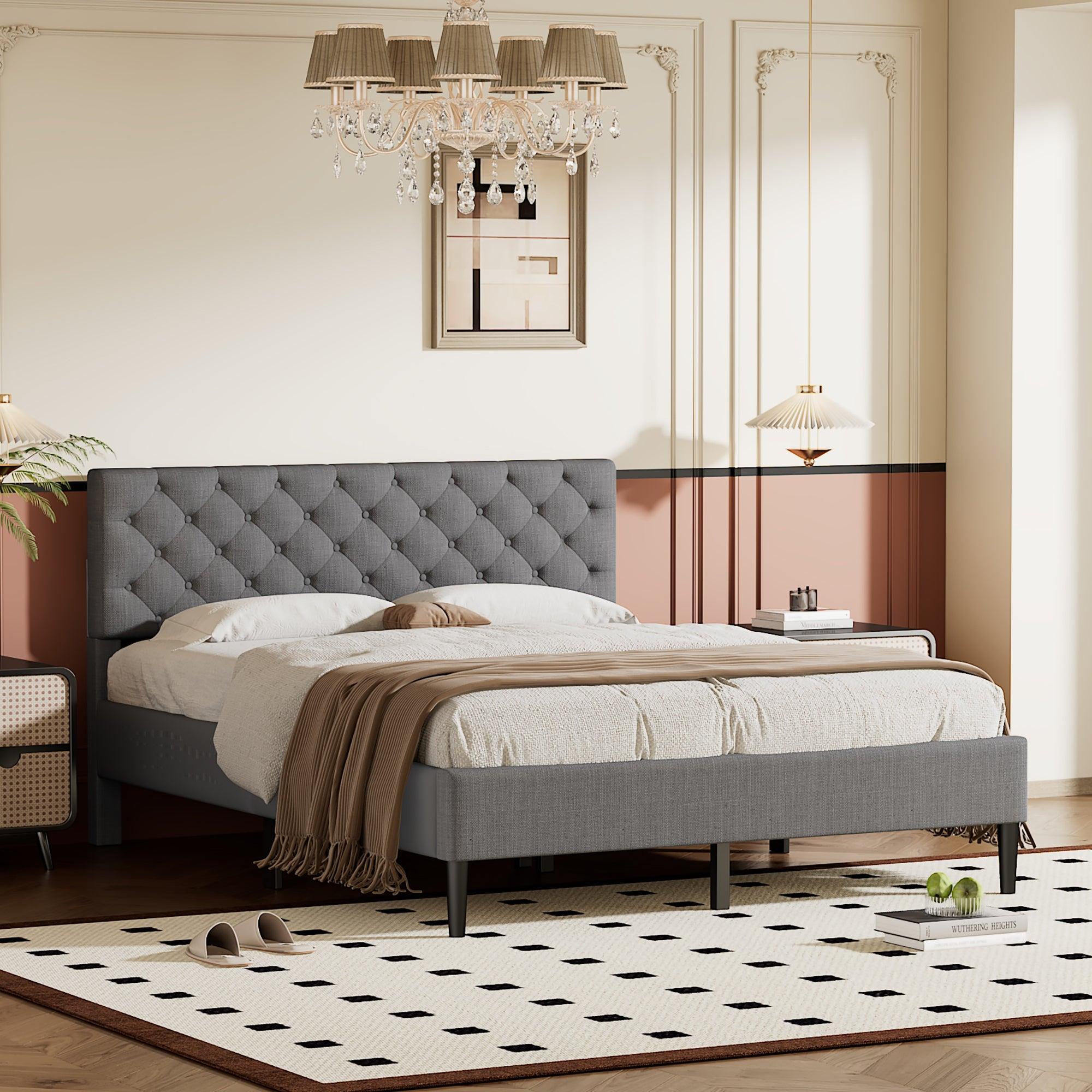 Upholstered Linen Platform Bed, Queen Size, Gray image