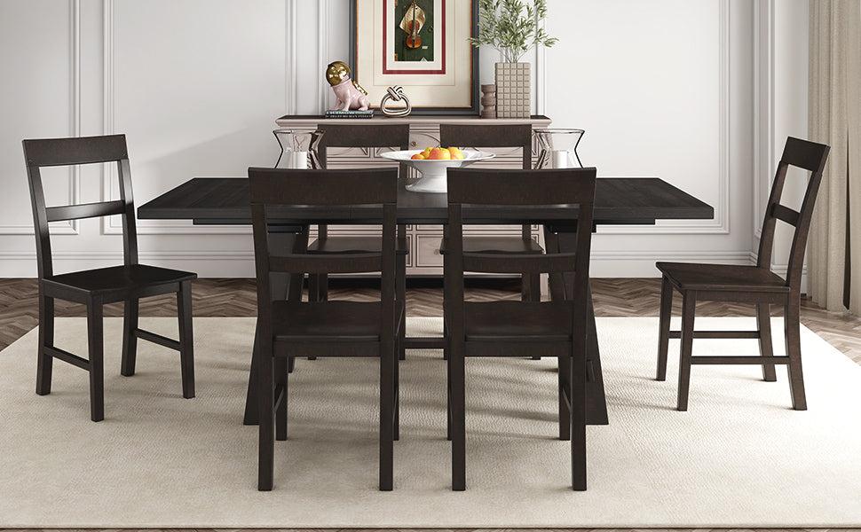 Retro Industrial Style 7-Piece Dining Table Set Extendable Table with 18” Leaf and Six Wood Chairs 
(Espresso)