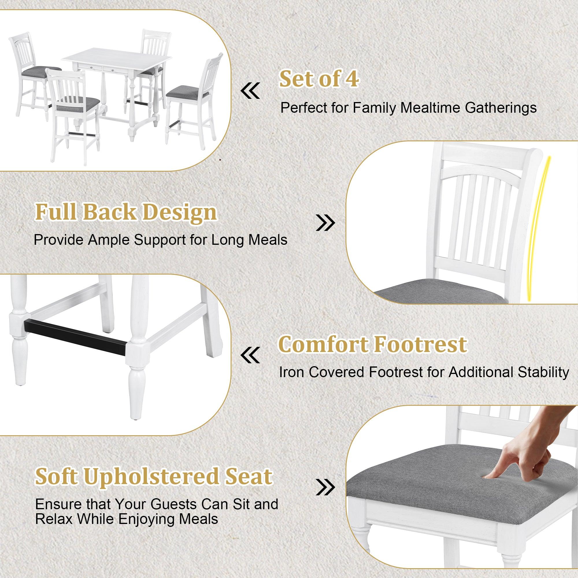 Mid-Century Farmhouse 5-Piece Wood Dining Table Set Counter Height Kitchen Furniture Set withStorage Drawers and 4 Upholstered Chairs, White