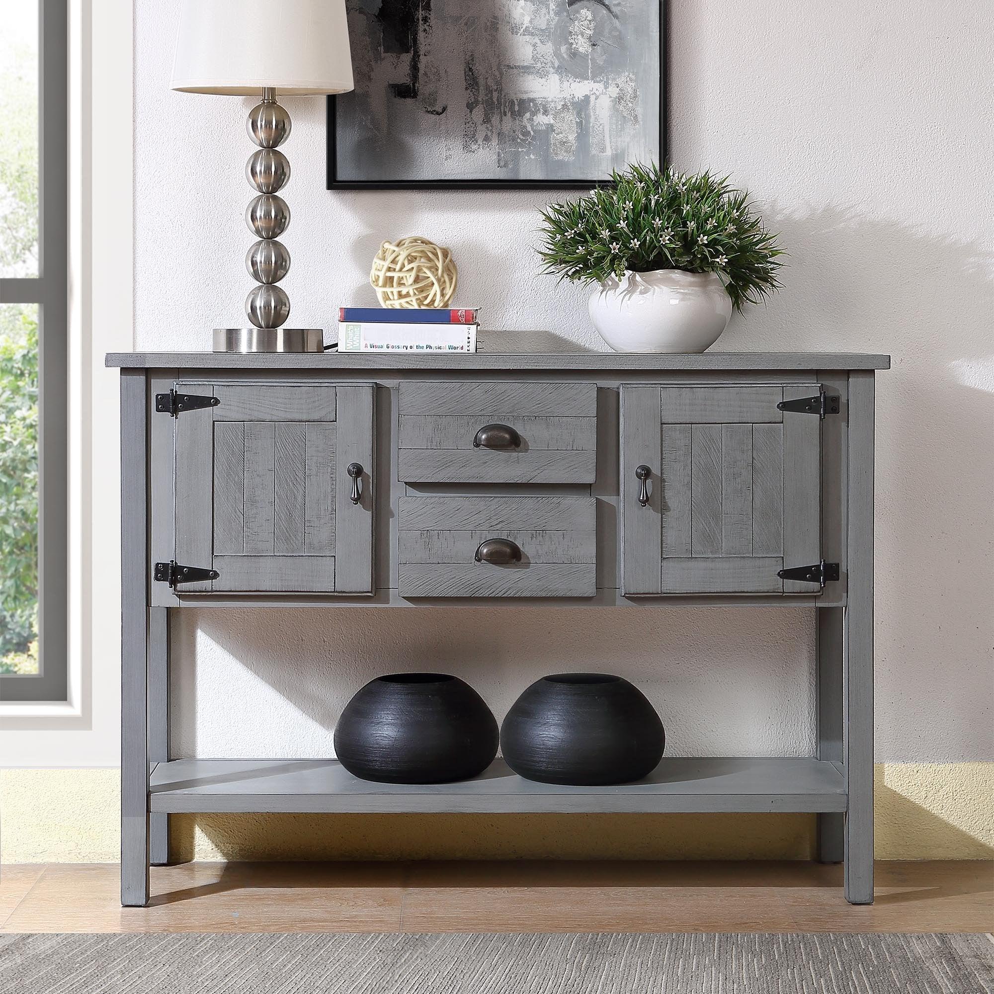 48'' Solid Wood Sideboard Console Table with 2 Drawers and Cabinets and Bottom Shelf, Retro StyleStorage Dining Buffet Server Cabinet for Living Room Kitchen Dining Room(Antique Gray) image