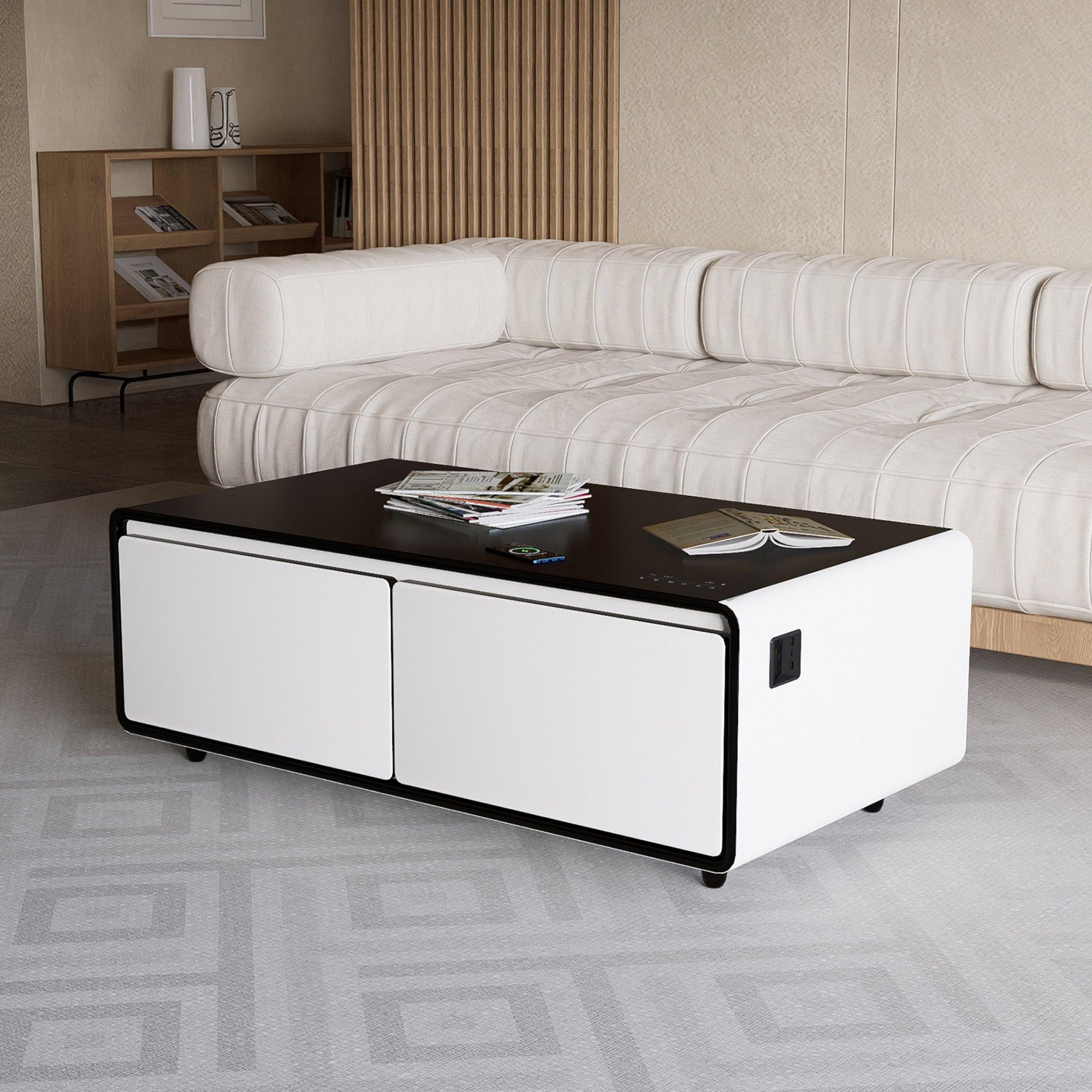 Modern Smart Coffee Table with Built-in Fridge, Bluetooth Speaker, Wireless Charging Module, Touch Control Panel, Power Socket, USB Interface, Outlet Protection, Atmosphere light, and More