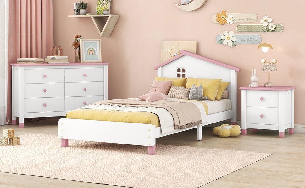 3-Pieces Bedroom Sets Twin Size Platform Bed with Nightstand andStorage dresser,White+Pink