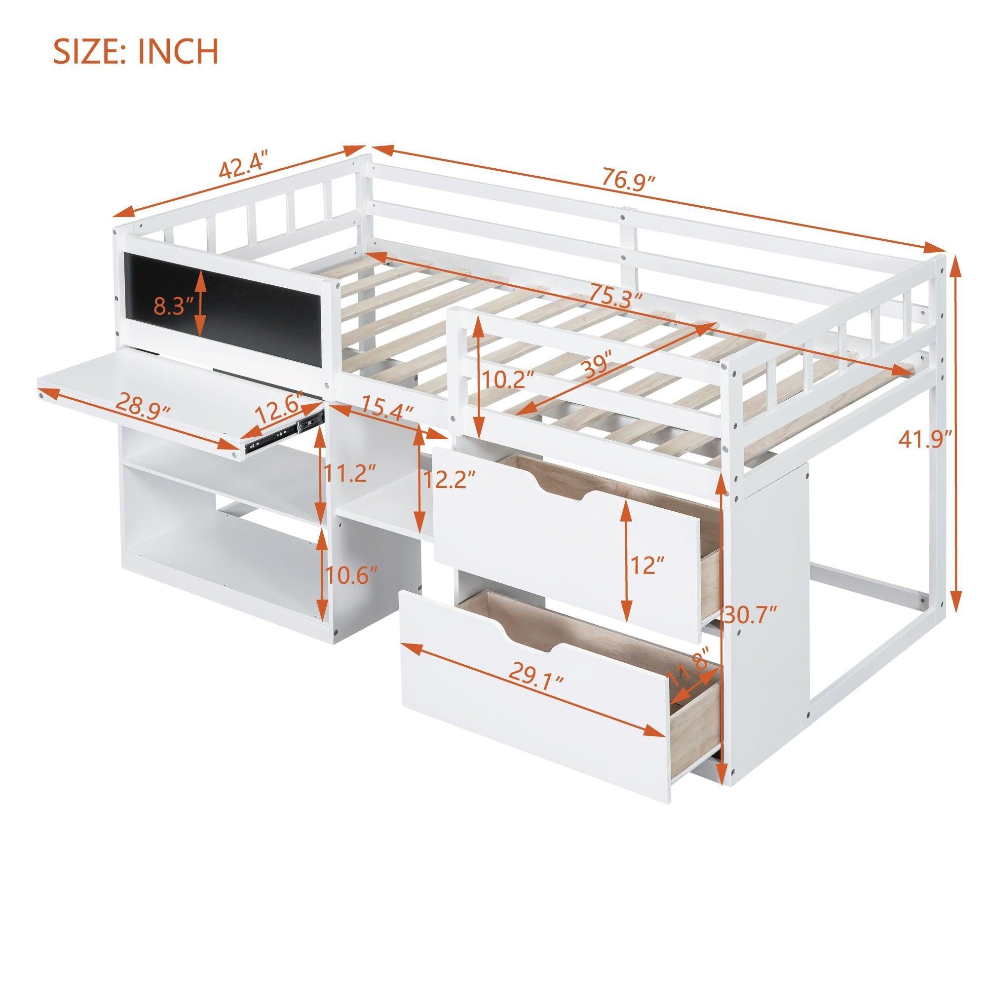 Twin Size Low Loft Bed with Rolling Desk, Shelf and Drawers - White