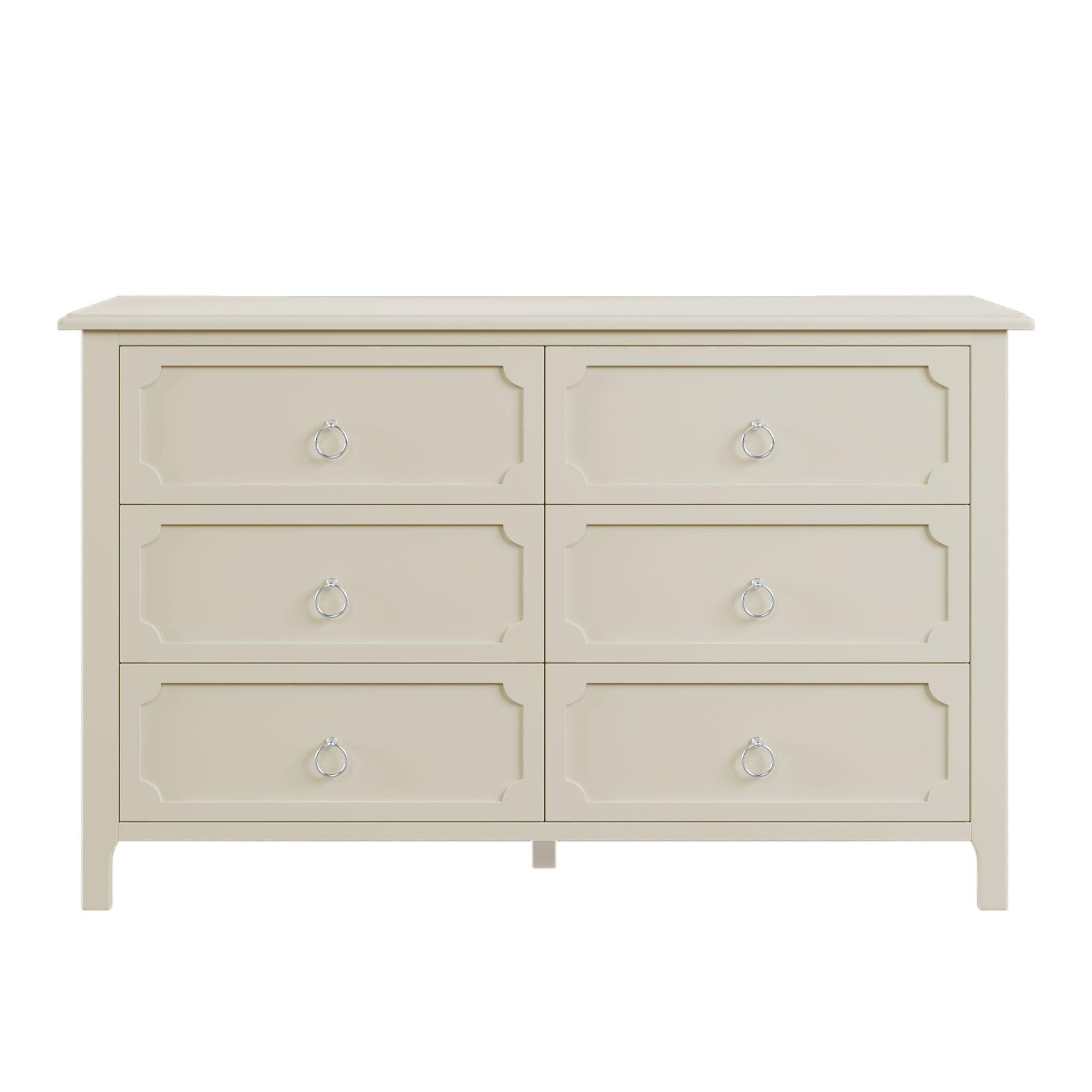 Milky White Rubber Wooden Dresser Six Large Drawers Silver Metal Handles for Living Room Guest Room Bedroom