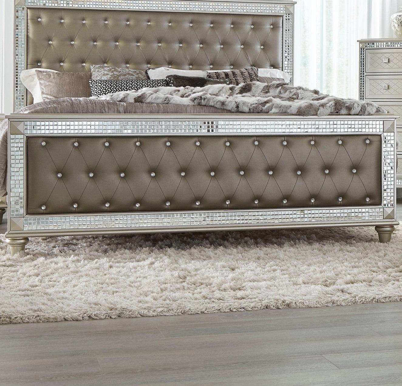 Glamorous Style Champagne Finish Queen Bed 1pc Upholstered Headboard Footboard Arcylic Crystals Trim TuftingModern Bedroom Furniture