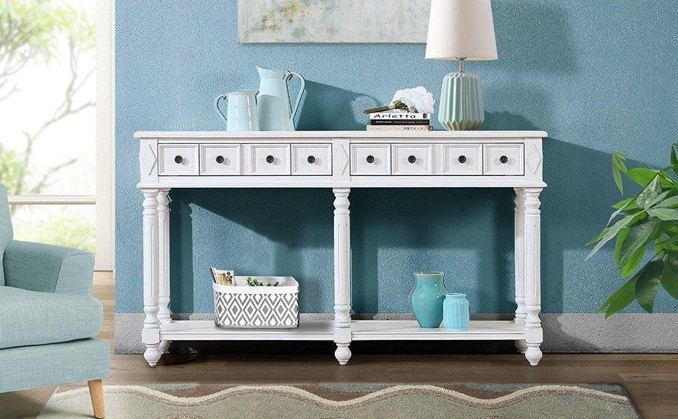 Retro Console Table Entryway Table 58" Long Sofa Table with 2 Drawers in Same Size and Bottom Shelf forStorage (Antique White)